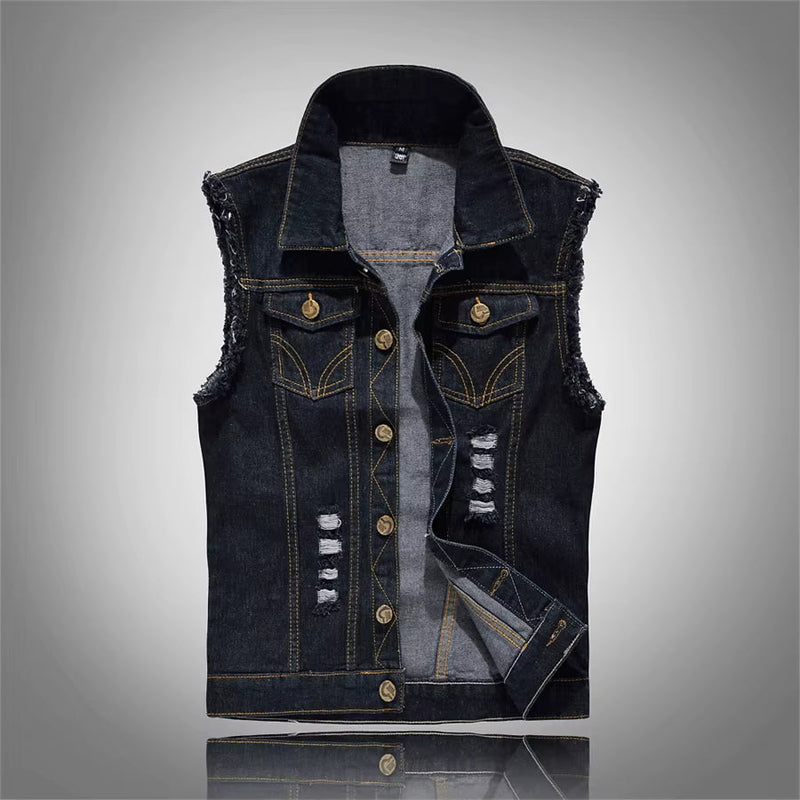 Luigi Distressed Denim Vest – Rugged Sleeveless Layer for Edgy Street Looks