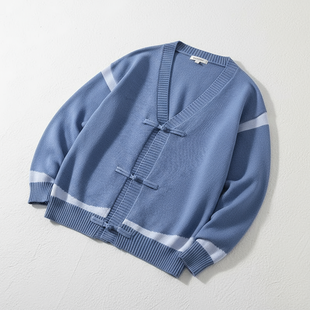 Chris Men’s Wool Cardigan – Contrast Stripe Knit with Toggle Closures