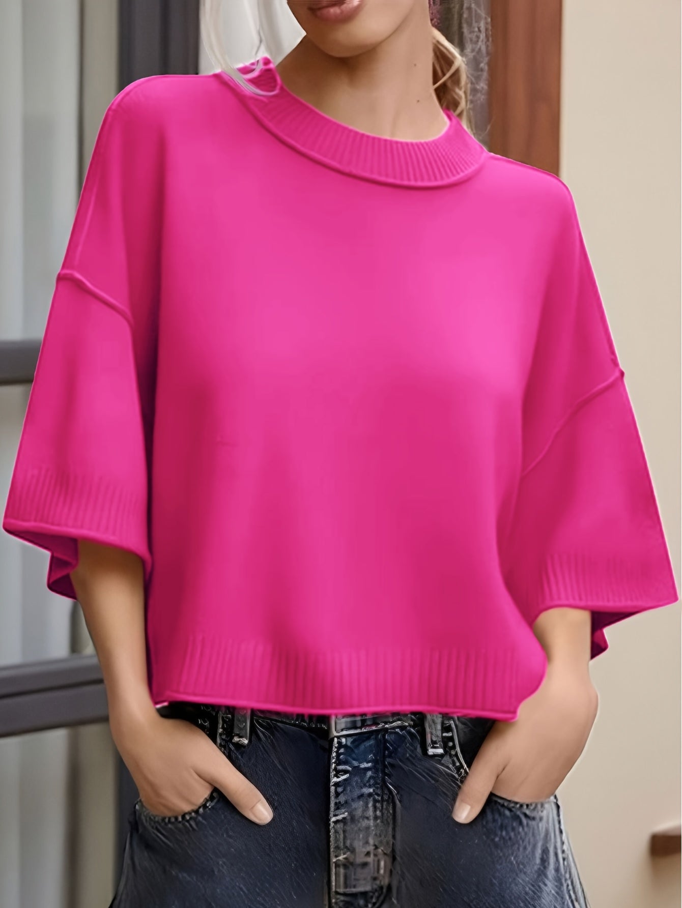 Marlena Women’s Oversized Sweater – Lightweight Short Sleeve Knit with Ribbed Hem