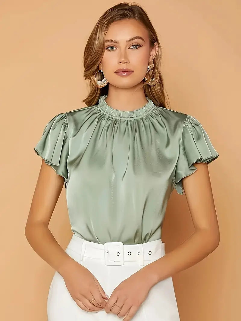 Camille Gathered Neck Blouse – Elegant Puff Sleeve Top in Soft Satin Drape