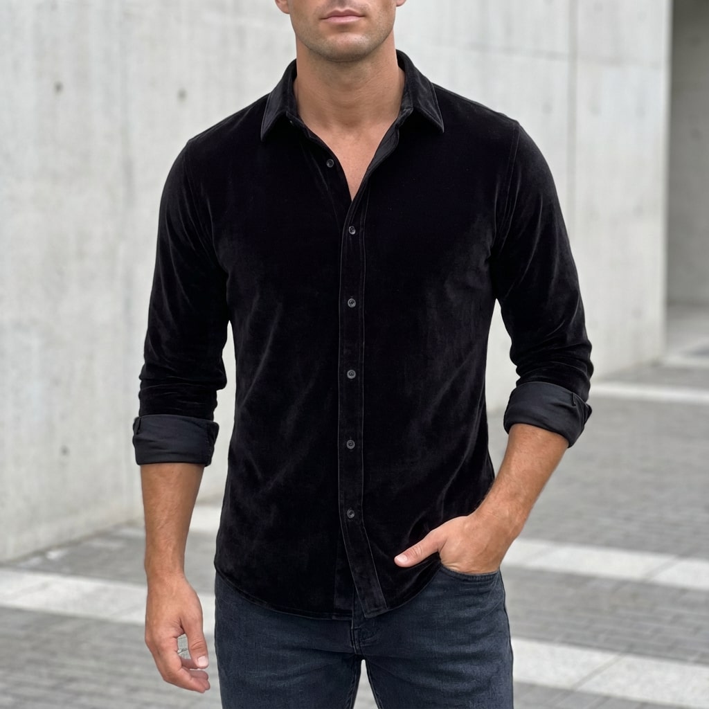 Moivi Men’s Shirt – Velvet Long Sleeve Button-Up Shirt