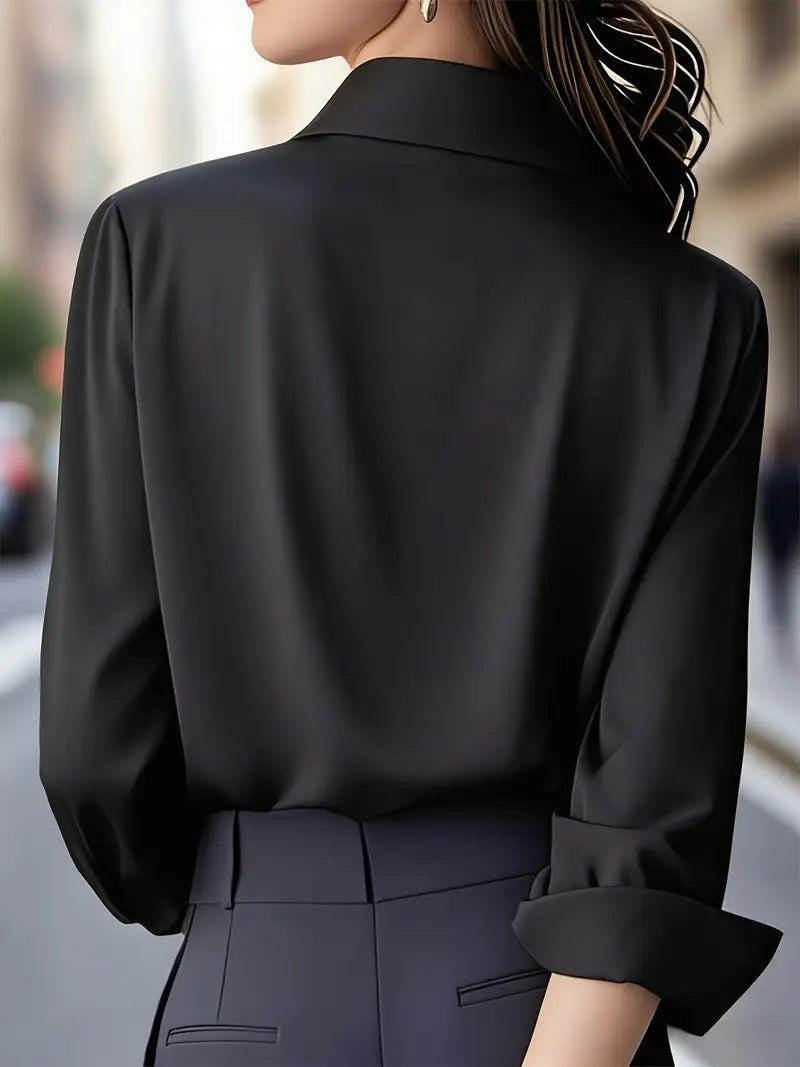 Anjelly Women's Satin Blouse – Solid Color Long Sleeve Lapel Shirt