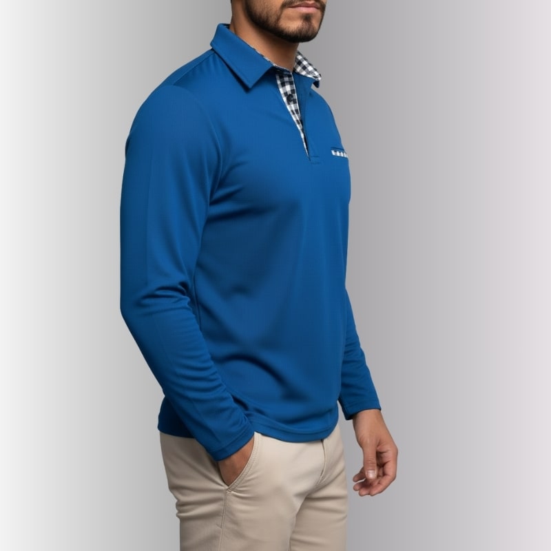 Darian Men’s Long Sleeve Polo – Slim Fit with Checked Collar Accents