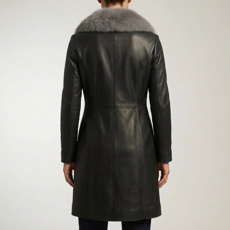 Catherine Women’s Leather Jacket – Fur Trim Collar & Belted Longline Coat