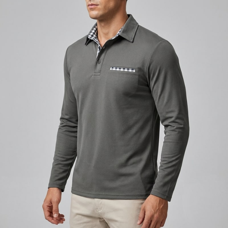 Darian Men’s Long Sleeve Polo – Slim Fit with Checked Collar Accents