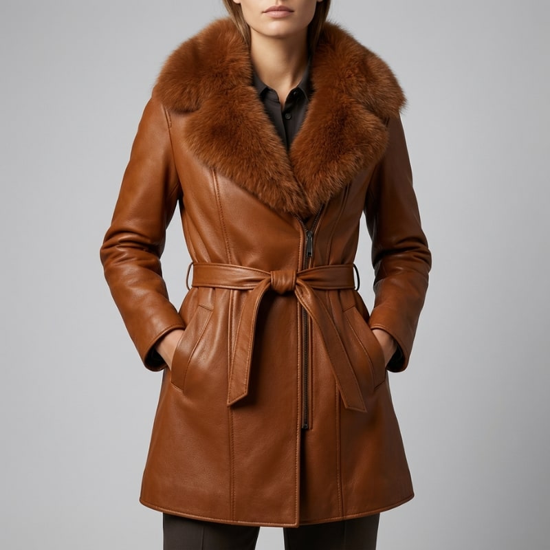 Catherine Women’s Leather Jacket – Fur Trim Collar & Belted Longline Coat