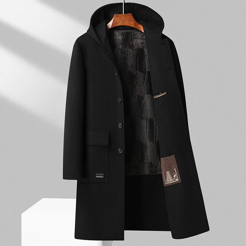 Cambridge Men’s Hooded Wool Overcoat – Structured Knee-Length Design with Detachable Lining