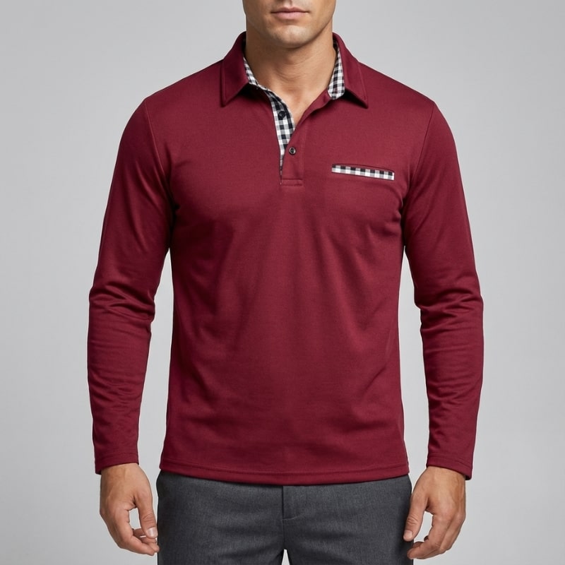 Darian Men’s Long Sleeve Polo – Slim Fit with Checked Collar Accents