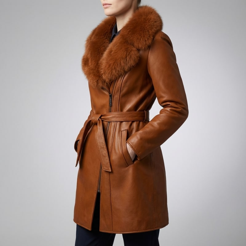 Catherine Women’s Leather Jacket – Fur Trim Collar & Belted Longline Coat