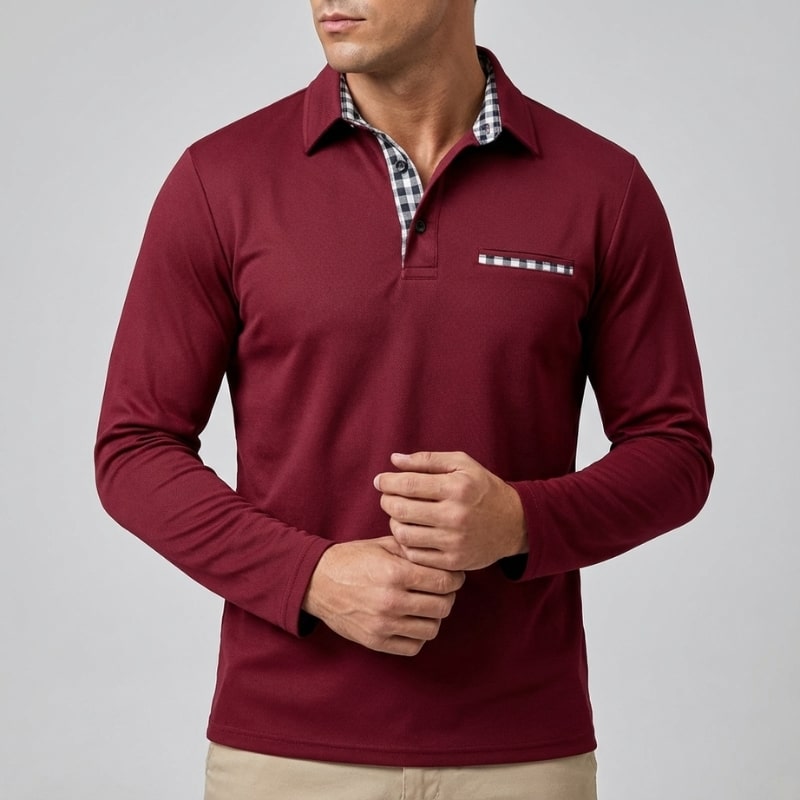 Darian Men’s Long Sleeve Polo – Slim Fit with Checked Collar Accents