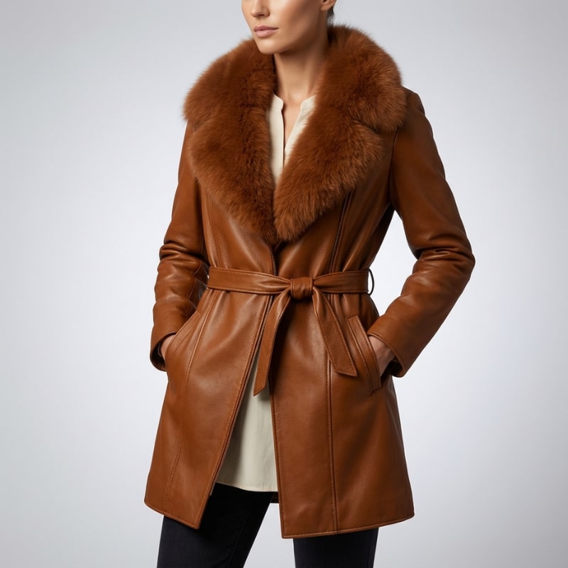 Catherine Women’s Leather Jacket – Fur Trim Collar & Belted Longline Coat