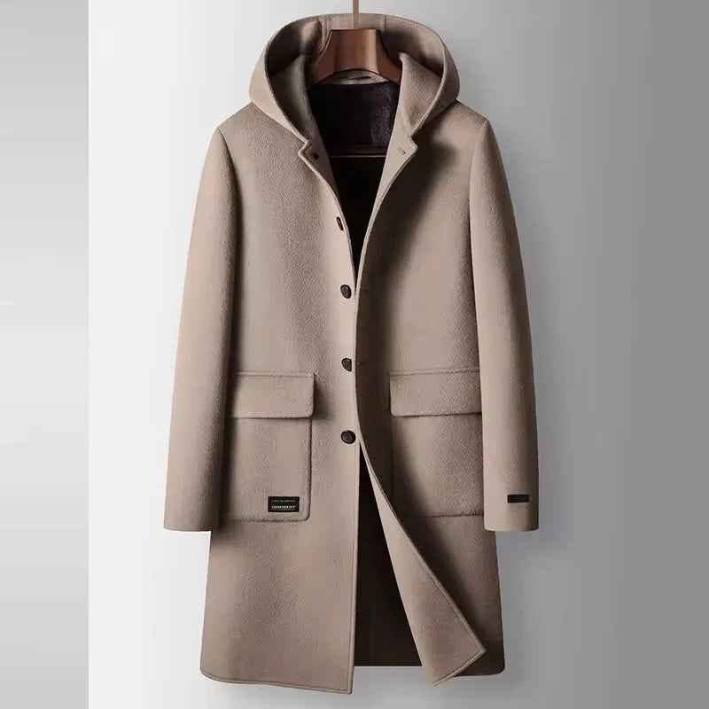Cambridge Men’s Hooded Wool Overcoat – Structured Knee-Length Design with Detachable Lining