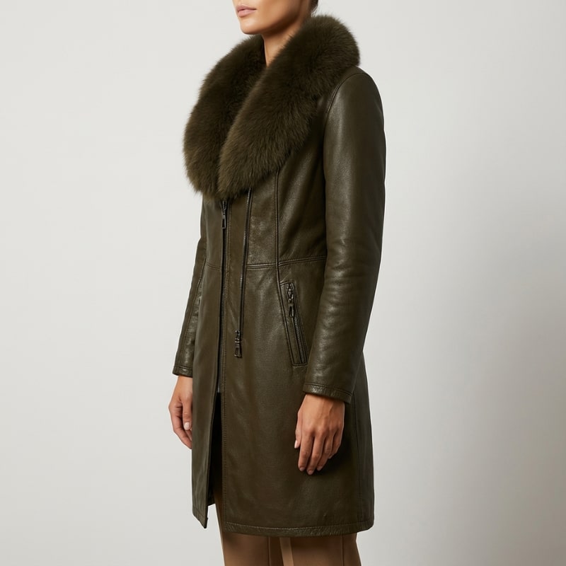 Catherine Women’s Leather Jacket – Fur Trim Collar & Belted Longline Coat