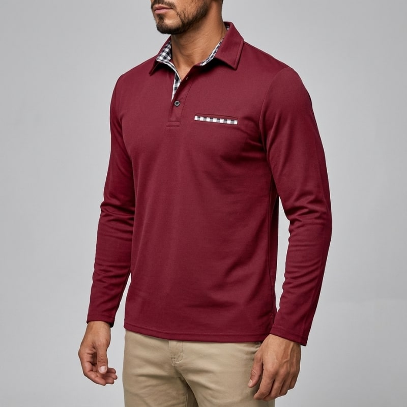 Darian Men’s Long Sleeve Polo – Slim Fit with Checked Collar Accents
