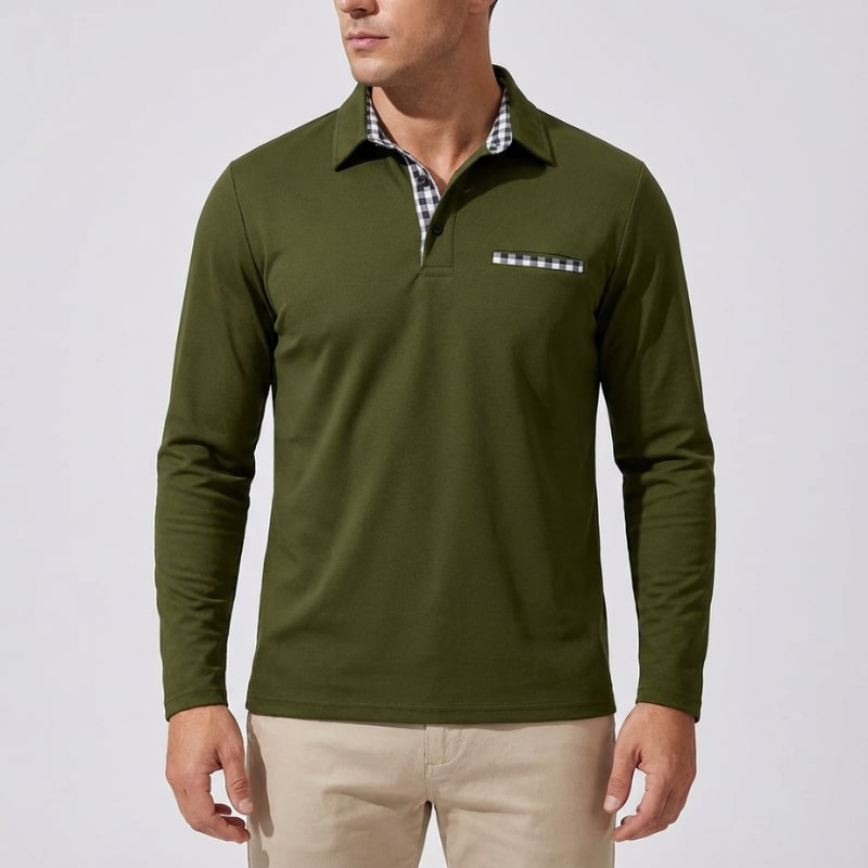 Darian Men’s Long Sleeve Polo – Slim Fit with Checked Collar Accents