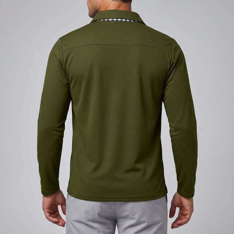 Darian Men’s Long Sleeve Polo – Slim Fit with Checked Collar Accents