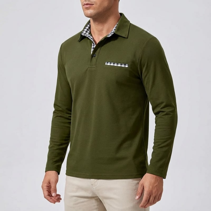 Darian Men’s Long Sleeve Polo – Slim Fit with Checked Collar Accents