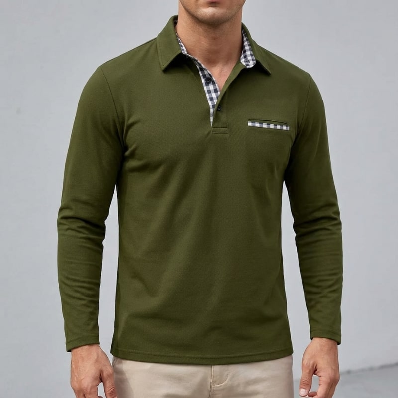 Darian Men’s Long Sleeve Polo – Slim Fit with Checked Collar Accents