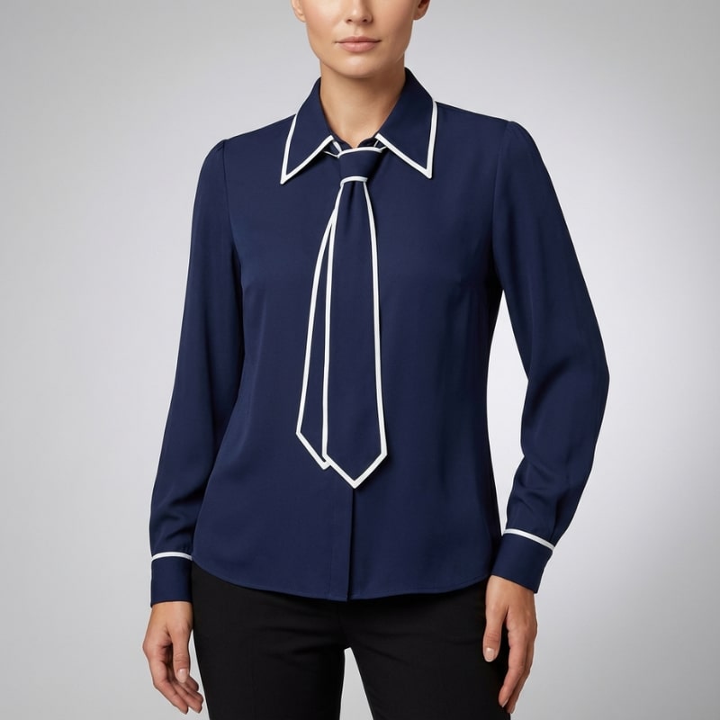 Emery Women’s Blouse – Contrast Tie Cotton-Blend Button-Down Shirt with Structured Collar