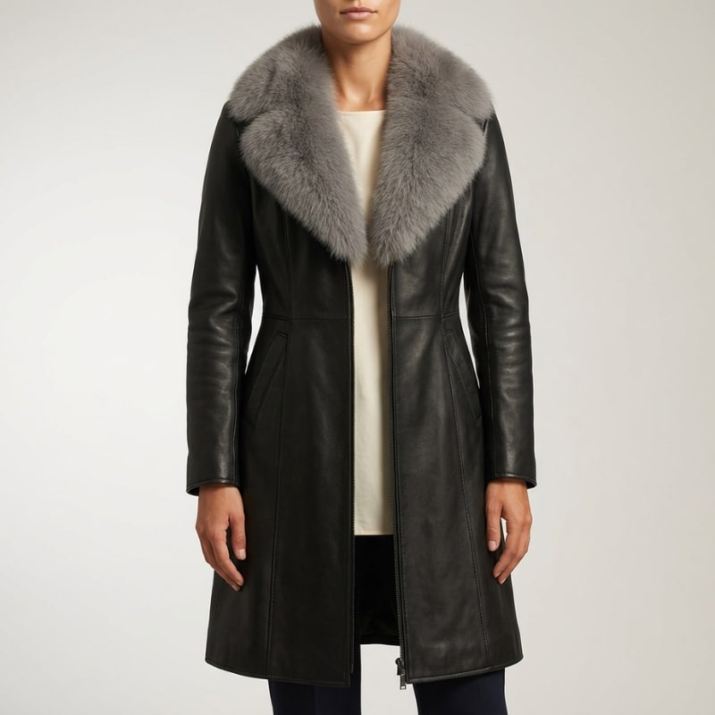 Catherine Women’s Leather Jacket – Fur Trim Collar & Belted Longline Coat
