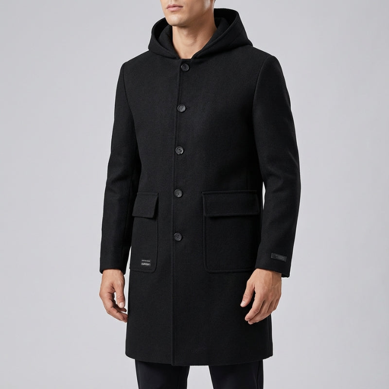 Cambridge Men’s Hooded Wool Overcoat – Structured Knee-Length Design with Detachable Lining
