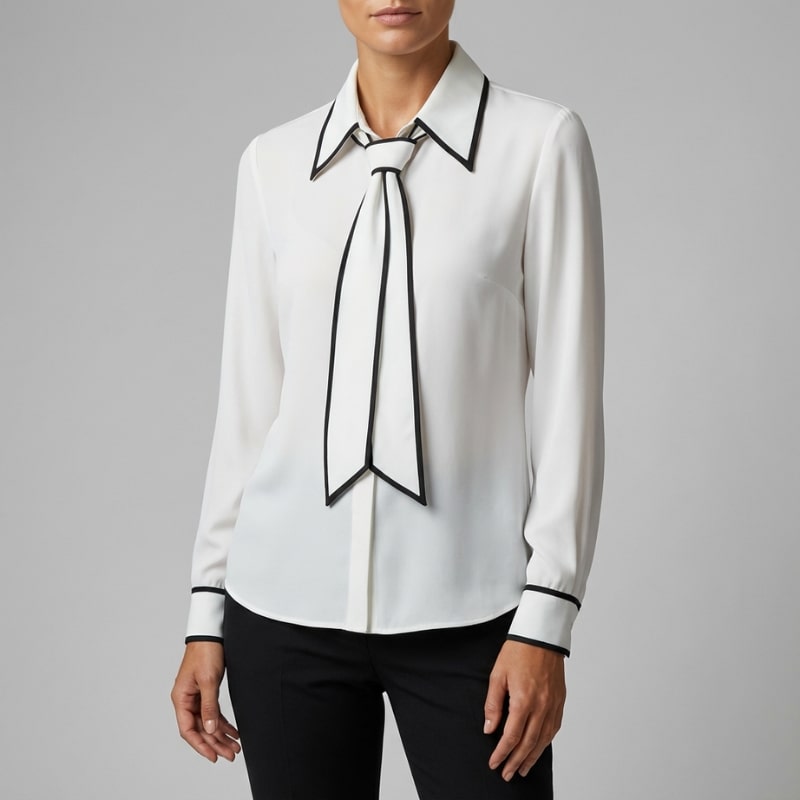 Emery Women’s Blouse – Contrast Tie Cotton-Blend Button-Down Shirt with Structured Collar