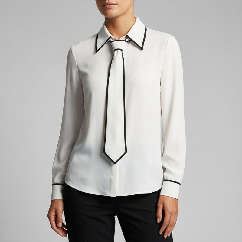 Emery Women’s Blouse – Contrast Tie Cotton-Blend Button-Down Shirt with Structured Collar
