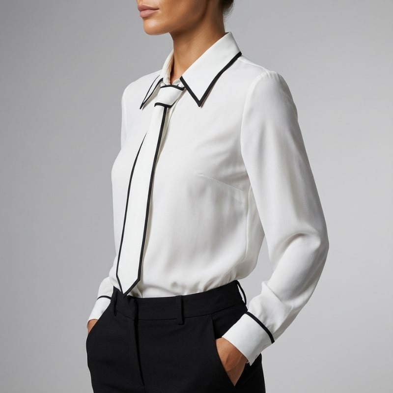 Emery Women’s Blouse – Contrast Tie Cotton-Blend Button-Down Shirt with Structured Collar