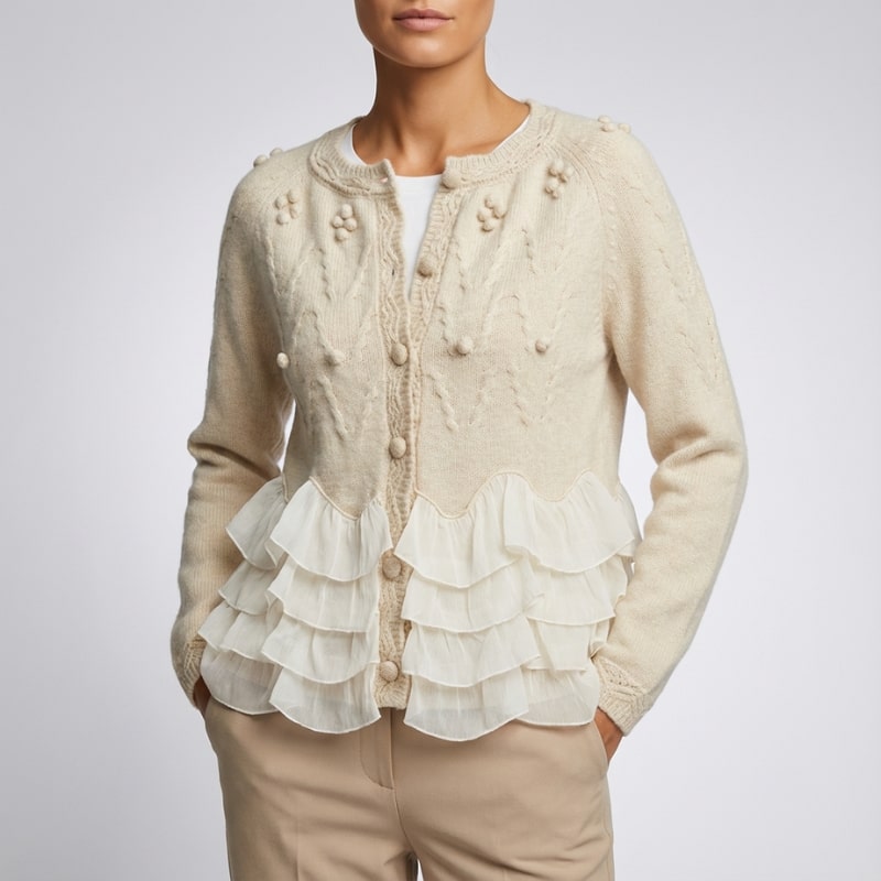 Natalie Women’s Knit Cardigan – Cable-Knit with Chiffon Layered Ruffles