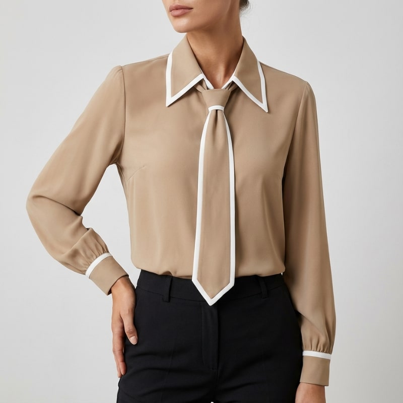 Emery Women’s Blouse – Contrast Tie Cotton-Blend Button-Down Shirt with Structured Collar