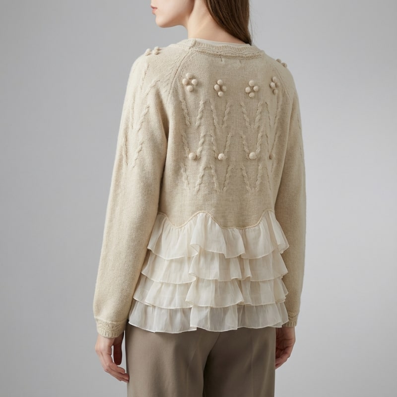 Natalie Women’s Knit Cardigan – Cable-Knit with Chiffon Layered Ruffles