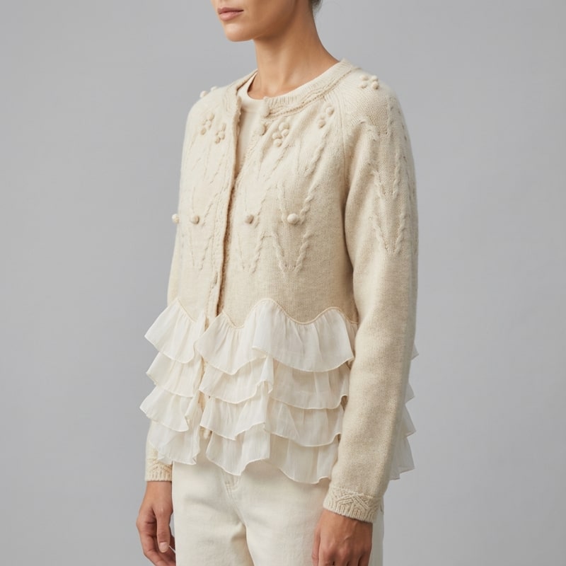 Natalie Women’s Knit Cardigan – Cable-Knit with Chiffon Layered Ruffles
