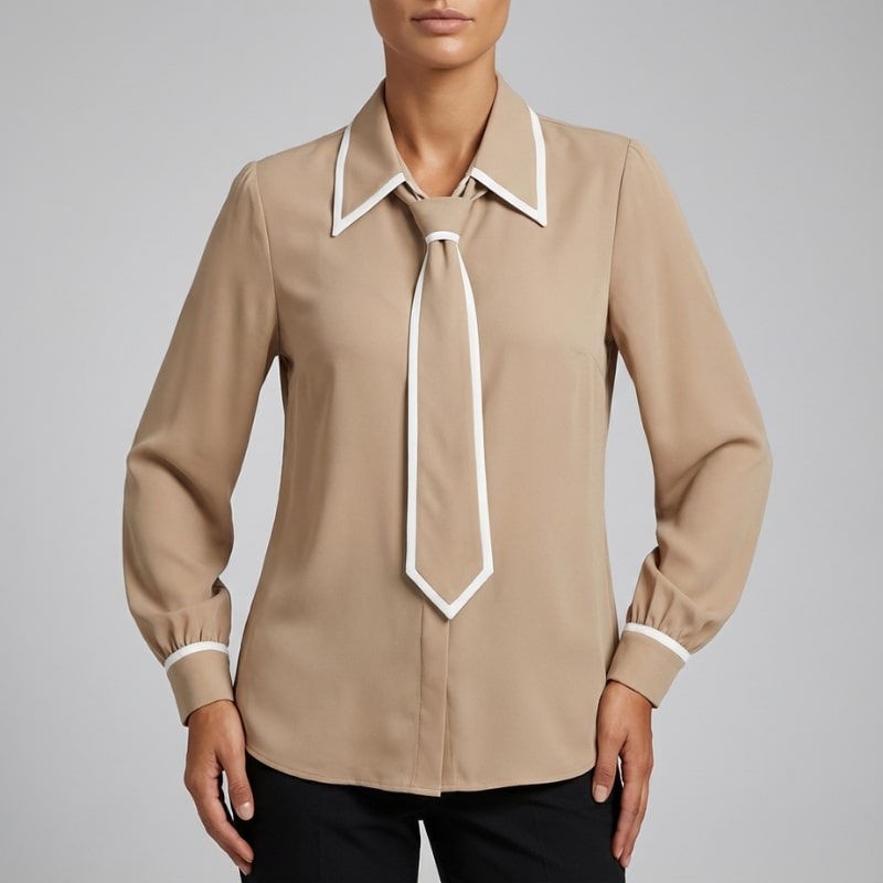 Emery Women’s Blouse – Contrast Tie Cotton-Blend Button-Down Shirt with Structured Collar