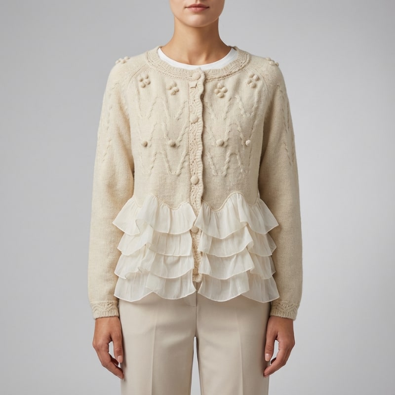 Natalie Women’s Knit Cardigan – Cable-Knit with Chiffon Layered Ruffles