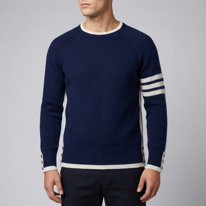 Romano Men’s Knit Sweater – Wool Pullover with Contrast Stripe Detail