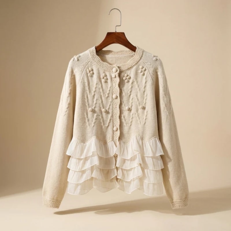 Natalie Women’s Knit Cardigan – Cable-Knit with Chiffon Layered Ruffles