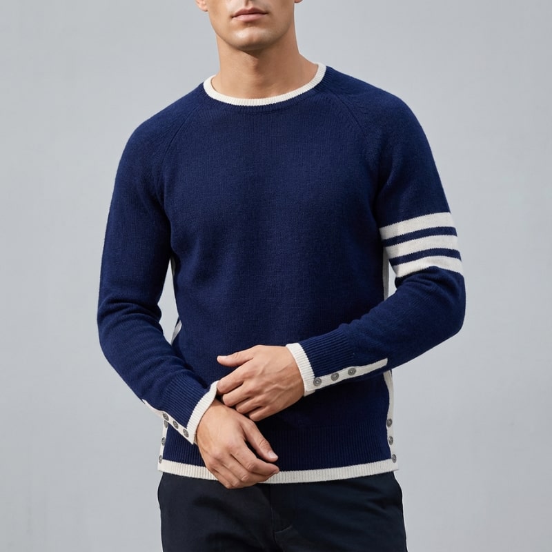 Romano Men’s Knit Sweater – Wool Pullover with Contrast Stripe Detail