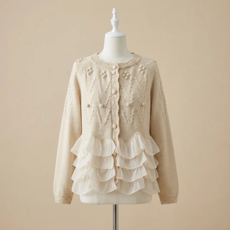 Natalie Women’s Knit Cardigan – Cable-Knit with Chiffon Layered Ruffles
