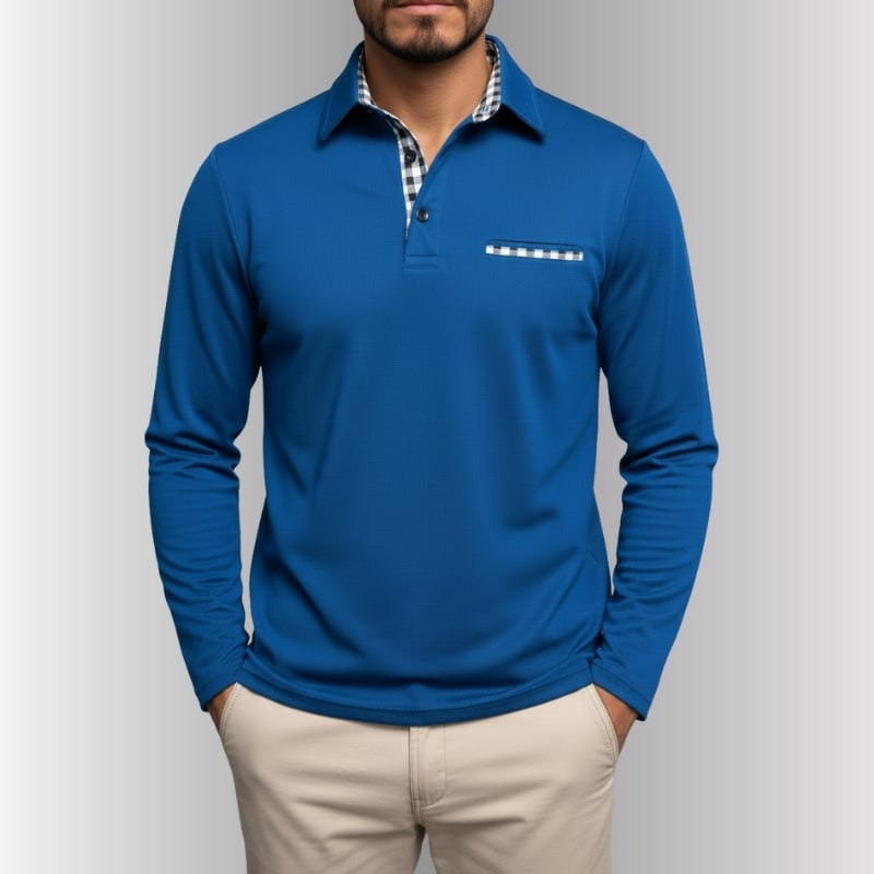 Darian Men’s Long Sleeve Polo – Slim Fit with Checked Collar Accents