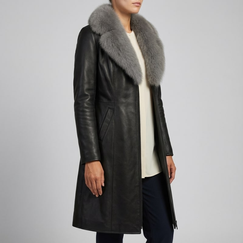 Catherine Women’s Leather Jacket – Fur Trim Collar & Belted Longline Coat