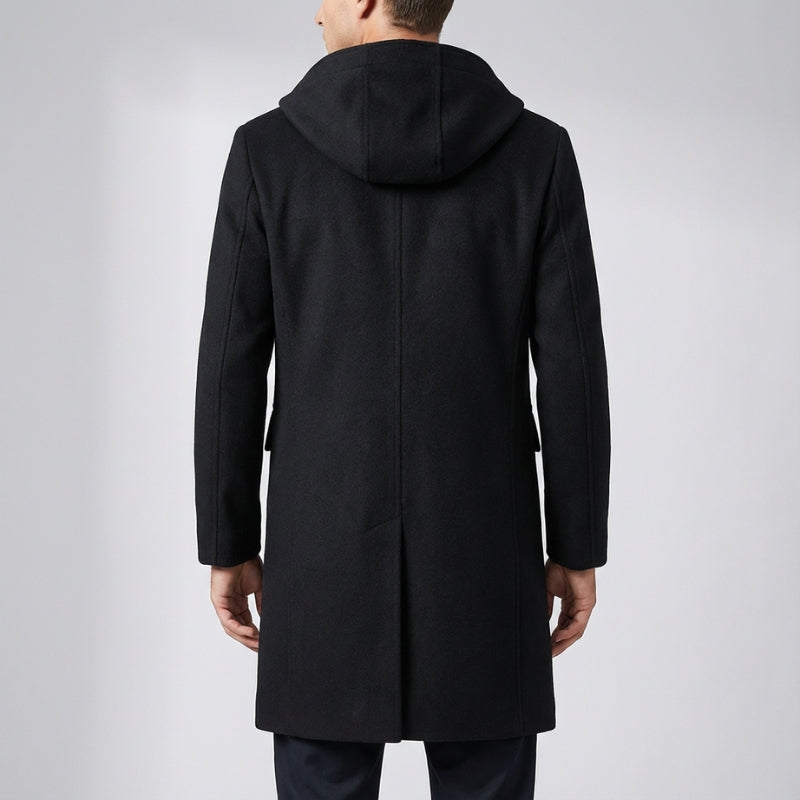 Cambridge Men’s Hooded Wool Overcoat – Structured Knee-Length Design with Detachable Lining