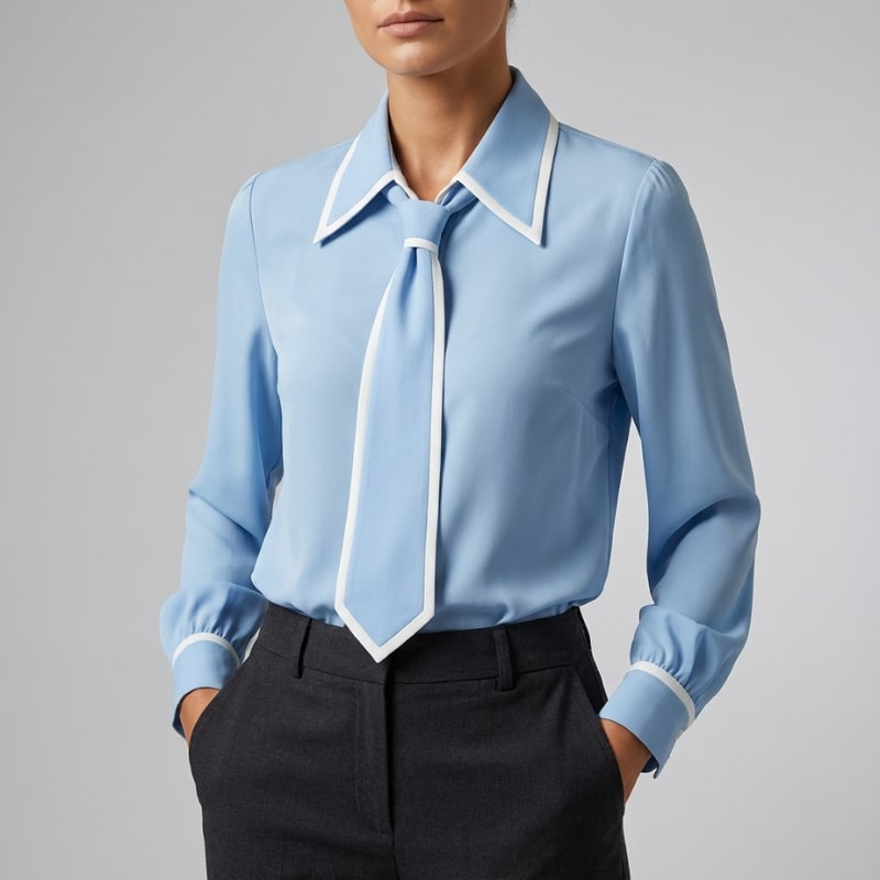 Emery Women’s Blouse – Contrast Tie Cotton-Blend Button-Down Shirt with Structured Collar