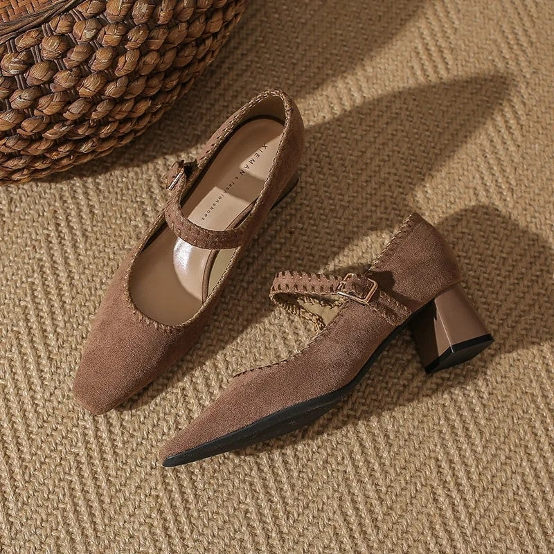 Hana Women’s Suede Block Heel Pumps – Pointed Toe with Adjustable Strap