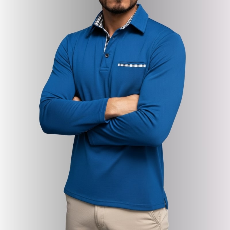 Darian Men’s Long Sleeve Polo – Slim Fit with Checked Collar Accents