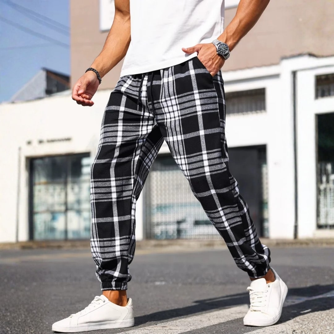 Cassius Men’s Joggers – Brushed Cotton Tapered Plaid Joggers
