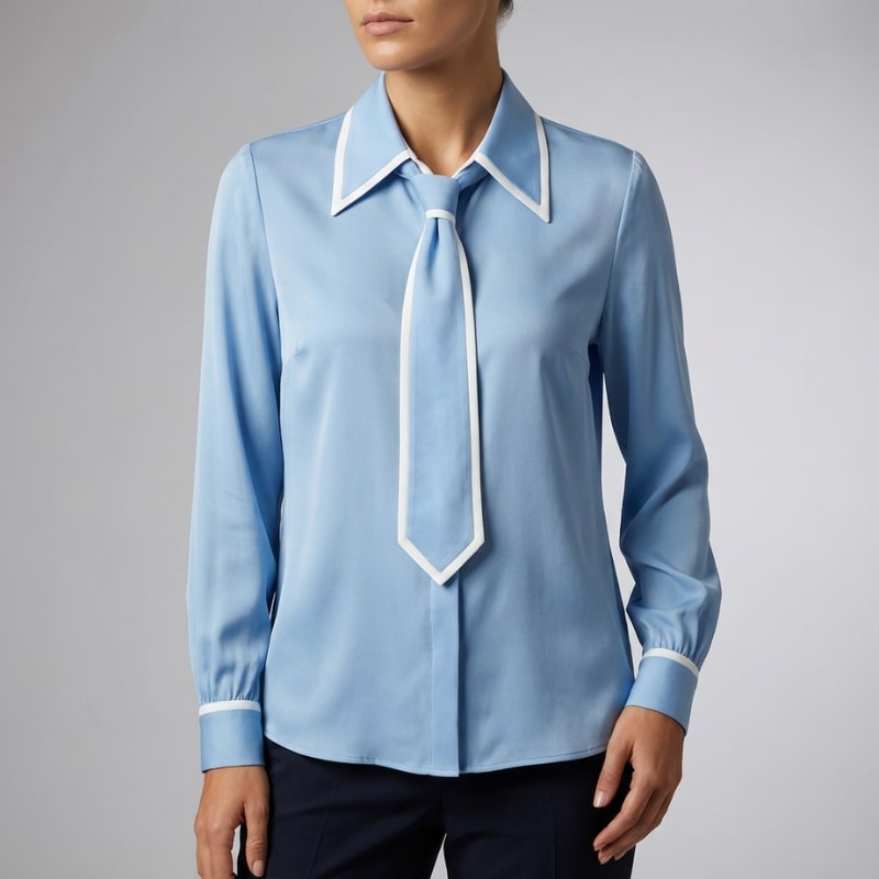 Emery Women’s Blouse – Contrast Tie Cotton-Blend Button-Down Shirt with Structured Collar
