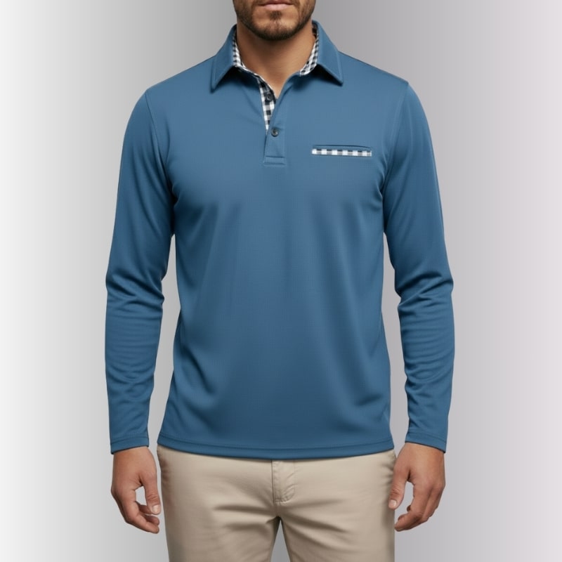 Darian Men’s Long Sleeve Polo – Slim Fit with Checked Collar Accents
