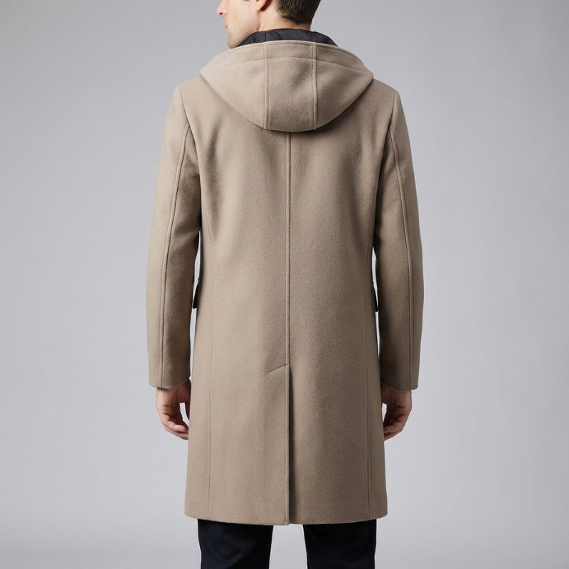 Cambridge Men’s Hooded Wool Overcoat – Structured Knee-Length Design with Detachable Lining