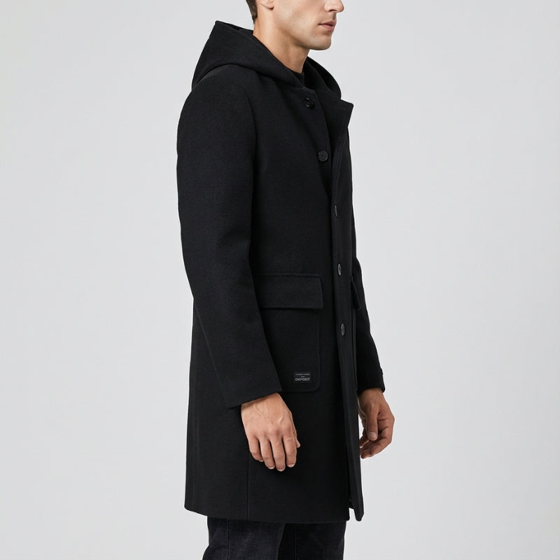 Cambridge Men’s Hooded Wool Overcoat – Structured Knee-Length Design with Detachable Lining