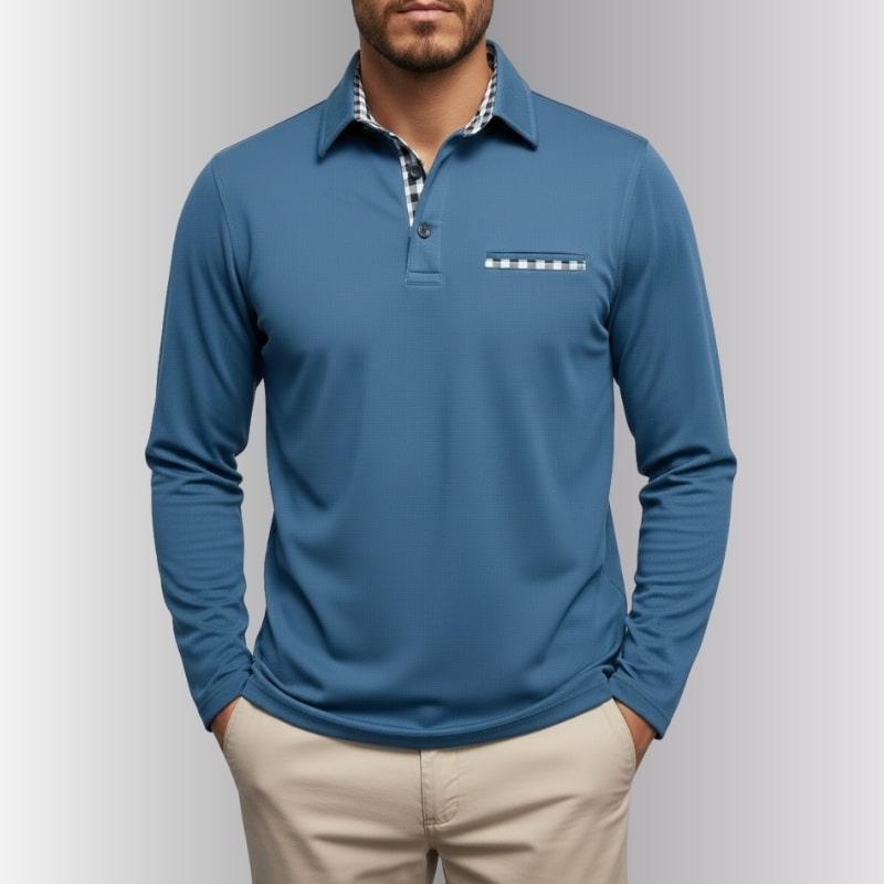 Darian Men’s Long Sleeve Polo – Slim Fit with Checked Collar Accents
